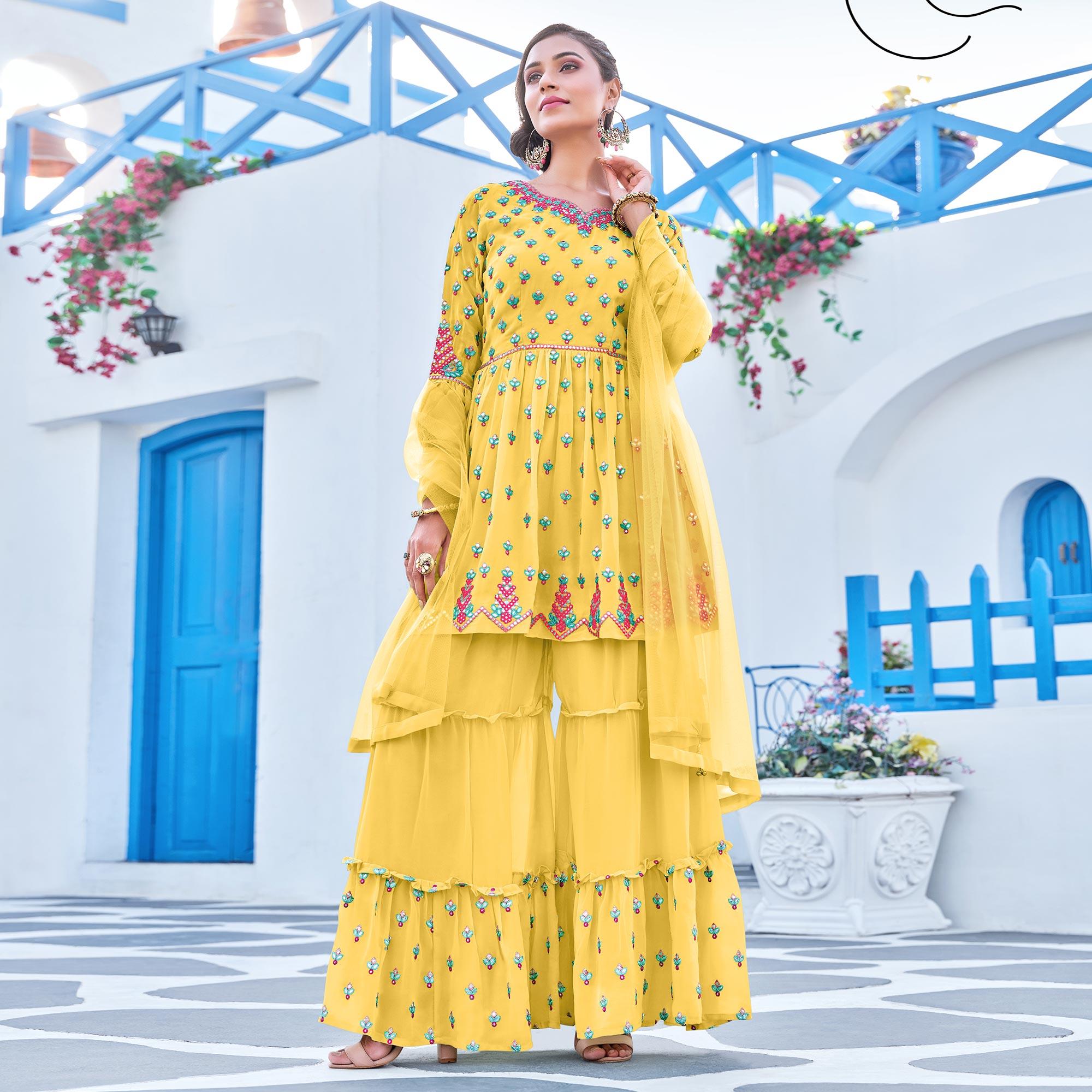 Wedding Wear Yellow Colour Georgette Base Designer Sharara Suit With Net  Dupatta – Kaleendi